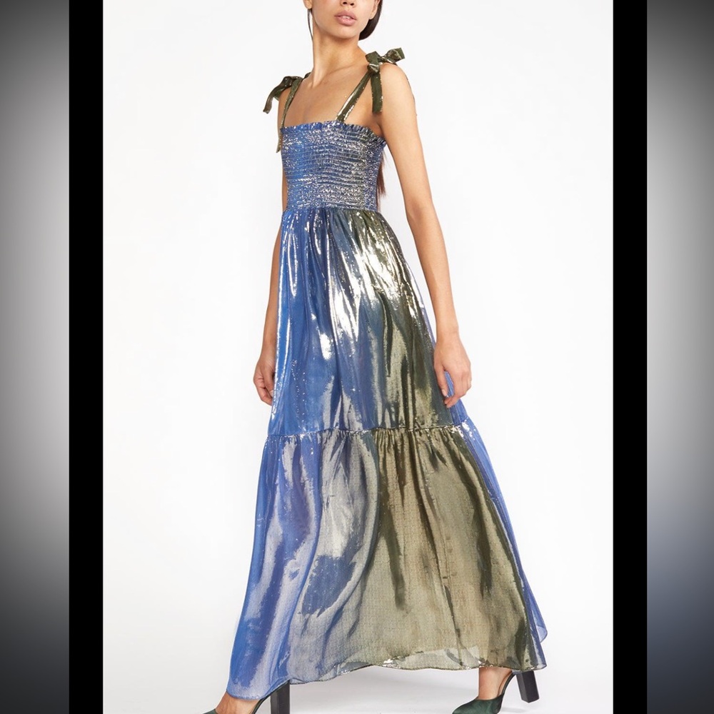 Cynthia Rowley Metallic Blue and Gold Silk Maxi Dress (NWT) see the video